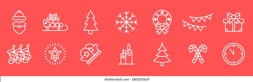 Set of white Christmas icons on a red background. Thin line. Collection of winter icons. Happy New Year.