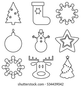 Set of white Christmas icons: tree, star, snowman, deer, snowflake