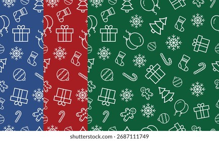 Conjunto de patrones de Navidades blancas sobre fondos verdes, rojos y azules. Diseño de Vector sin costuras para fondos, Fondo de pantalla, embalaje y textiles.