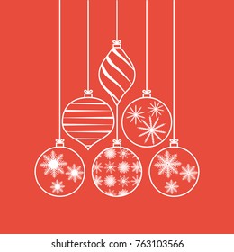 Set of white Christmas tree decorations on a red background, balls with snowflakes and patterns. Design for a holiday greeting card, banner, invitation. Vector illustration.