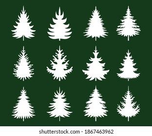 Un conjunto de árboles blancos de Navidad sobre fondo verde. Elementos de diseño de la temporada invernal y simple colección de pictogramas. Iconos vectoriales aislados, patrón e ilustración.
