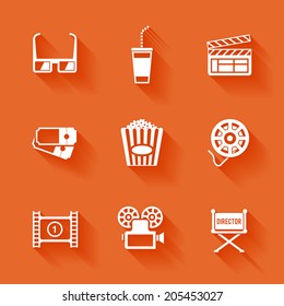 Set of white cinema movie icons. Vector cinema stuff in flat style with shadows. 