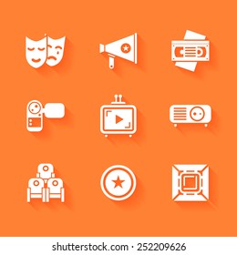Set of white cinema movie icons. Vector cinema stuff in flat style with shadows.