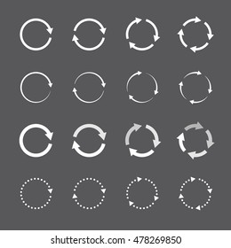 Set of white circle vector arrows in modern style. Element for websites, illustration of connection, orient, for cursors or motion. Vector illustration on a black background.