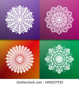 Set of white circular abstract patterns. Round vector ornament. Snowflake. Mandala. Arabesque. Vector illustration