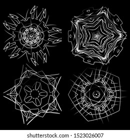 Set of white circular patterns on a black background.