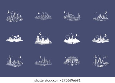 set of white city skylines at night with crescent moon