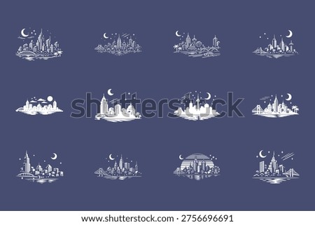 set of white city skylines at night with crescent moon