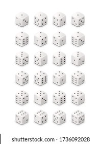 Juego de cubos de juego clásicos blancos aislados en fondo blanco, todos los posibles giros de dados 3d para casino en vista isométrica
