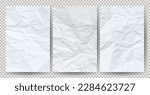 Set of white clean crumpled papers on a transparent background. Crumpled empty notebook sheets of paper with shadow for posters and banners. Vector illustration