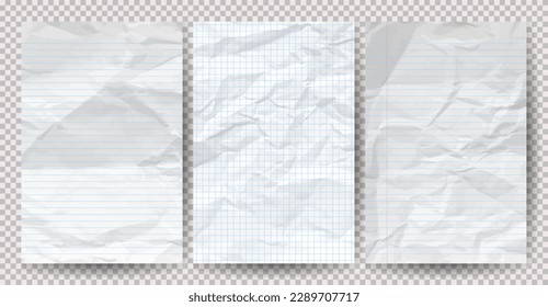 Set of white clean crumpled papers on a transparent background. Crumpled empty notebook sheets of paper with shadow for posters and banners. Vector illustration