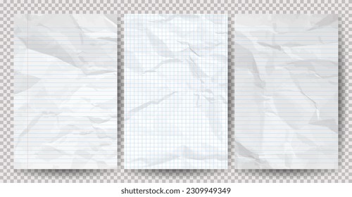 Set of white clean crumpled papers on a transparent background. Crumpled empty notebook sheets of paper with shadow for posters and banners. Vector illustration - Shutterstock ID 2309949349