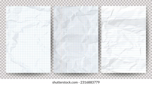 Set of white clean crumpled papers on a transparent background. Crumpled empty notebook sheets of paper with shadow for posters and banners. Vector illustration