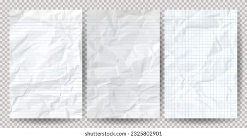 Set of white clean crumpled papers on a transparent background. Crumpled empty notebook sheets of paper with shadow for posters and banners. Vector illustration