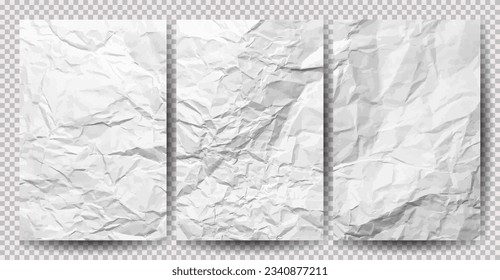 Set of white clean crumpled papers on transparent background. Crumpled empty sheets of paper with shadow for posters and banners. Vector illustration