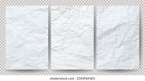 Satz von weißen, sauberen, zerkleinerten Papieren auf transparentem Hintergrund. Leere Notizbuch-Blätter mit Schatten für Poster und Banner zusammengepresst. Vektorgrafik