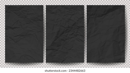 Set of white clean crumpled papers on transparent background. Crumpled empty sheets of paper with shadow for posters and banners. Vector illustration