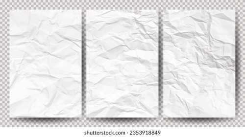 Set of white clean crumpled papers on transparent background. Crumpled empty sheets of paper with shadow for posters and banners. Vector illustration