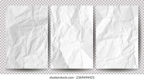 Set of white clean crumpled papers on transparent background. Crumpled empty sheets of paper with shadow for posters and banners. Vector illustration