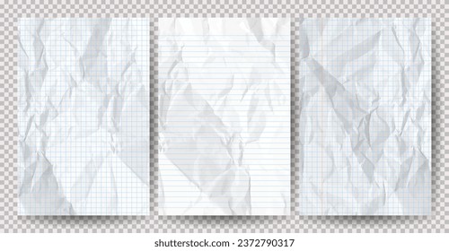 Set of white clean crumpled papers on a transparent background. Crumpled empty notebook sheets of paper with shadow for posters and banners. Vector illustration