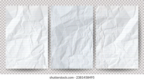 Set of white clean crumpled papers on a transparent background. Crumpled empty notebook sheets of paper with shadow for posters and banners. Vector illustration - Shutterstock ID 2381458495