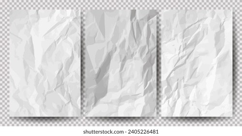 Set of white clean crumpled papers on transparent background. Crumpled empty sheets of paper with shadow for posters and banners. Vector illustration