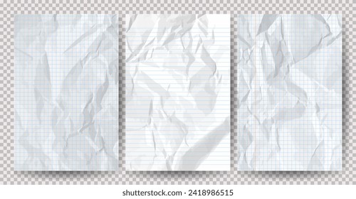 Set of white clean crumpled papers on a transparent background. Crumpled empty notebook sheets of paper with shadow for posters and banners. Vector illustration