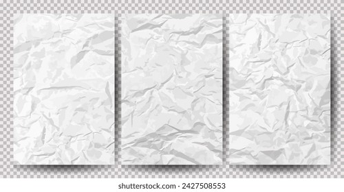 Set aus weißem, sauberem, zerknittertem Papier auf transparentem Hintergrund. Zerknitterte leere Blätter Papier mit Schatten für Plakate und Banner. Vektorgrafik