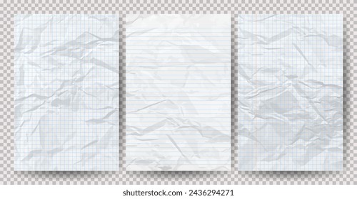Set of white clean crumpled papers on a transparent background. Crumpled empty notebook sheets of paper with shadow for posters and banners. Vector illustration