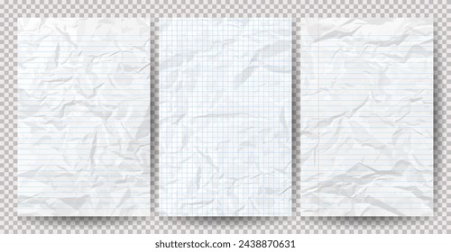Set aus weißem, sauberem, zerknittertem Papier auf einem transparenten Hintergrund. Zerknitterte leere Notizbuchblätter mit Schatten für Plakate und Banner. Vektorgrafik