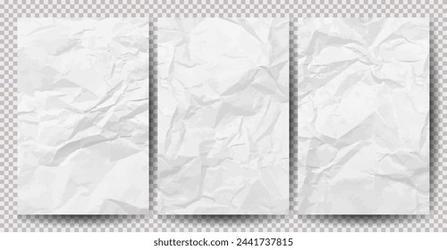 Conjunto de papeles blancos limpios arrugados sobre fondo transparente. Hojas de papel vacías arrugadas con sombra para carteles y pancartas. Ilustración de vector