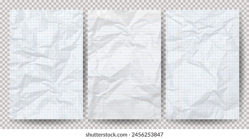 Conjunto de papeles blancos limpios arrugados sobre un fondo transparente. Hojas de papel vacías arrugadas con sombra para carteles y Anuncios. Ilustración vectorial