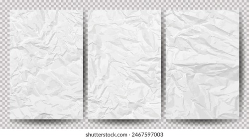 Set aus weißem, sauberem, zerknittertem Papier auf transparentem Hintergrund. Zerknitterte leere Papierbögen mit Schatten für Plakate und Banner. Vektorillustration