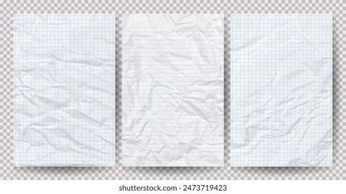 Conjunto de papeles blancos limpios arrugados sobre un fondo transparente. Hojas de papel vacías arrugadas con sombra para carteles y Anuncios. Ilustración vectorial