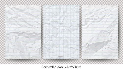 Set aus weißem, sauberem, zerknittertem Papier auf einem transparenten Hintergrund. Zerknitterte leere Notizbuchblätter mit Schatten für Plakate und Banner. Vektorillustration