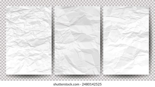 Set aus weißem, sauberem, zerknittertem Papier auf transparentem Hintergrund. Zerknitterte leere Papierbögen mit Schatten für Plakate und Banner. Vektorillustration