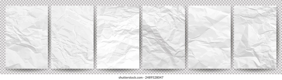 Set of white clean crumpled papers on transparent background. Six crumpled empty sheets of paper with shadow for posters and banners. Vector illustration