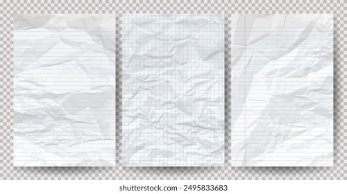 Conjunto de papeles arrugados limpios blancos sobre un fondo transparente. Hojas de cuaderno de papel arrugadas y vacías con sombra para carteles y Anuncios. Ilustración vectorial