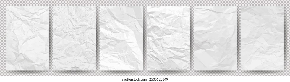 Set of white clean crumpled papers on transparent background. Six crumpled empty sheets of paper with shadow for posters and banners. Vector illustration