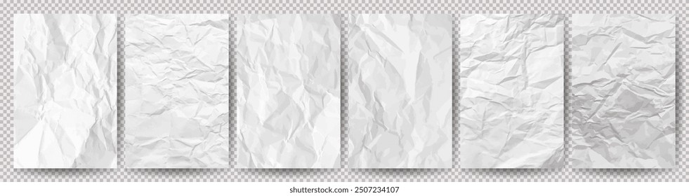 Set of white clean crumpled papers on transparent background. Six crumpled empty sheets of paper with shadow for posters and banners. Vector illustration