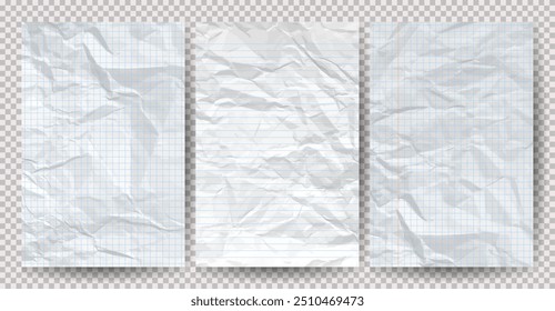 Set of white clean crumpled papers on a transparent background. Crumpled empty notebook sheets of paper with shadow for posters and banners. Vector illustration