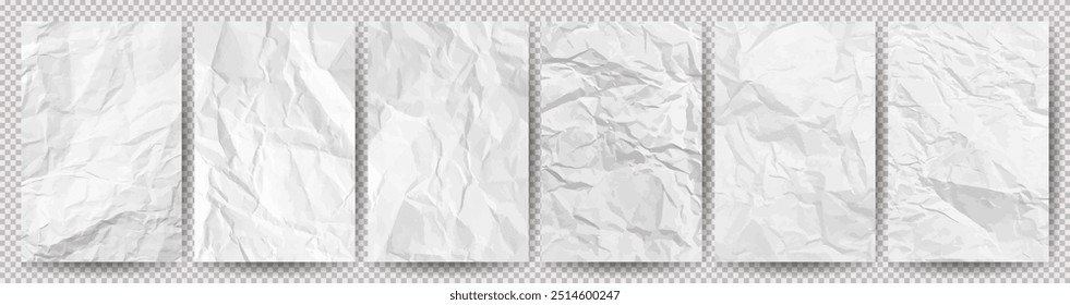 Conjunto de papéis brancos limpos amassados sobre fundo transparente. Seis folhas vazias amassadas de papel com sombra para cartazes e banners. Ilustração vetorial