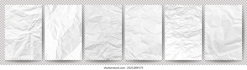 Satz weißer, sauberer, zerbröckelter Papiere auf transparentem Hintergrund. Sechs zerbröckelte leere Blätter mit Schatten für Poster und Banner. Vektorgrafik