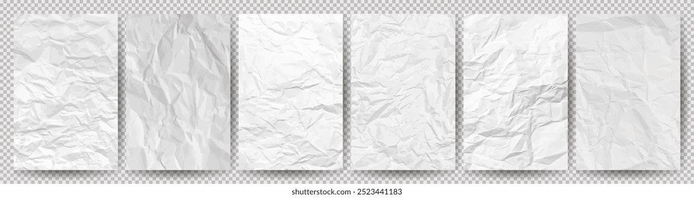 Set of white clean crumpled papers on transparent background. Six crumpled empty sheets of paper with shadow for posters and banners. Vector illustration