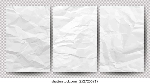 Set of white clean crumpled papers on transparent background. Crumpled empty sheets of paper with shadow for posters and banners. Vector illustration