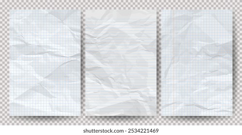 Set of white clean crumpled papers on a transparent background. Crumpled empty notebook sheets of paper with shadow for posters and banners. Vector illustration