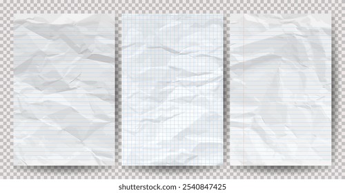 Set of white clean crumpled papers on a transparent background. Crumpled empty notebook sheets of paper with shadow for posters and banners. Vector illustration