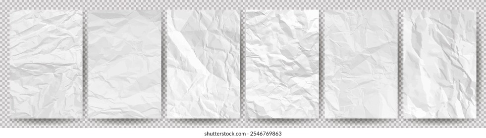 Conjunto de papeles arrugados limpios blancos sobre fondo transparente. Seis hojas de papel vacías arrugadas con sombra para carteles y Anuncios. Ilustración vectorial
