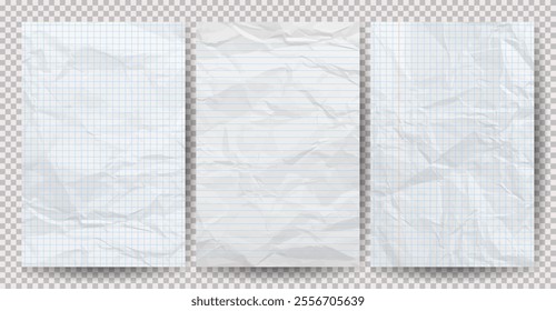 Set of white clean crumpled papers on a transparent background. Crumpled empty notebook sheets of paper with shadow for posters and banners. Vector illustration