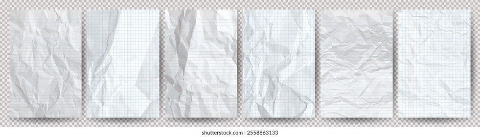 Set of white clean crumpled papers on a transparent background. Six crumpled empty notebook sheets of paper with shadow for posters and banners. Vector illustration